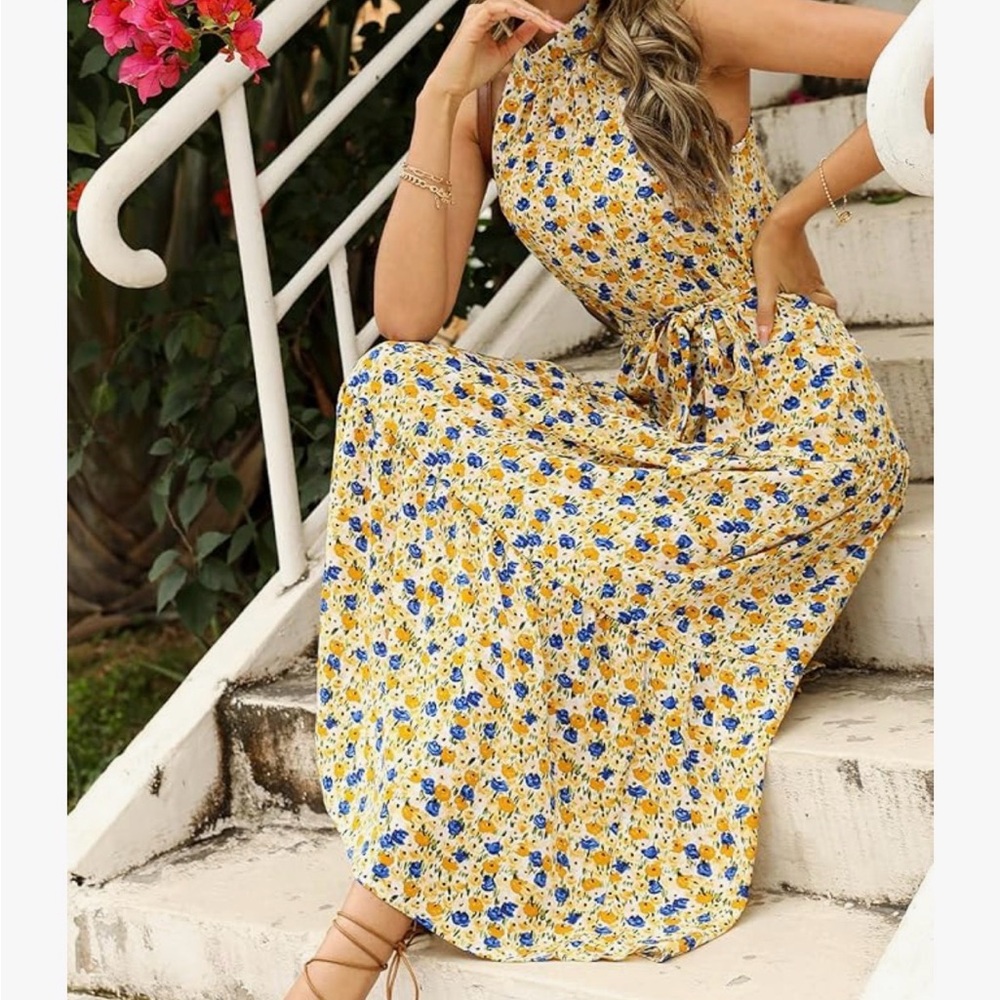 Floral Yellow Halter Maxi Dress